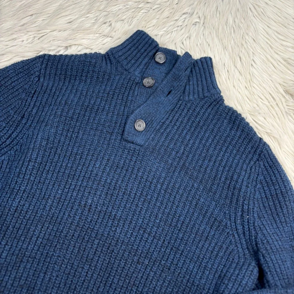 Banana Republic M Marled Blue Button Mock Neck Pullover Sweater Preppy Heritage